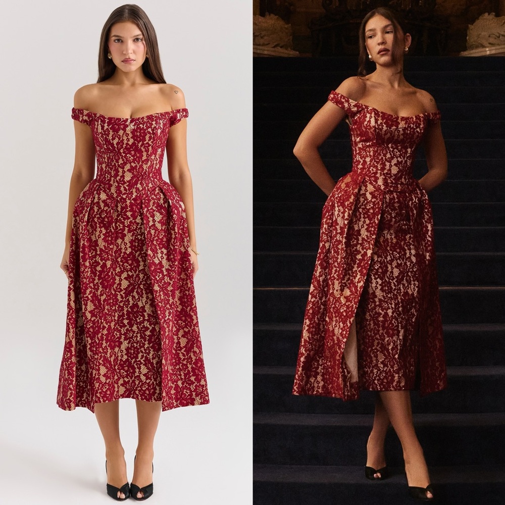 HOUSE OF CB ' Charming' Gold & Berry Lace Midi Off Shoulder Dress/Size XS-US 2-4
